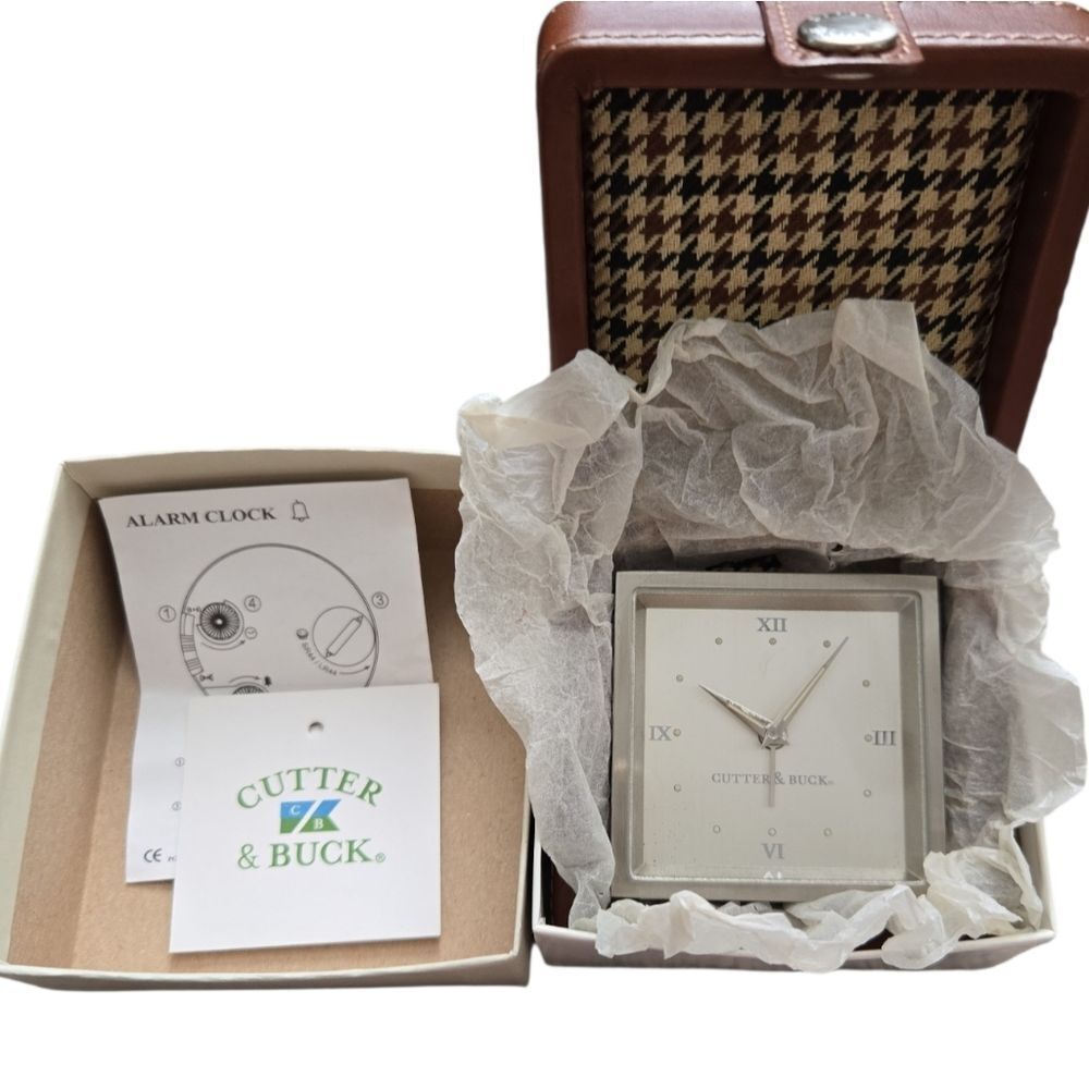 NIB VINTAGE CUTTER & BUCK TRAVEL CLOCK IN LEATHER CASE